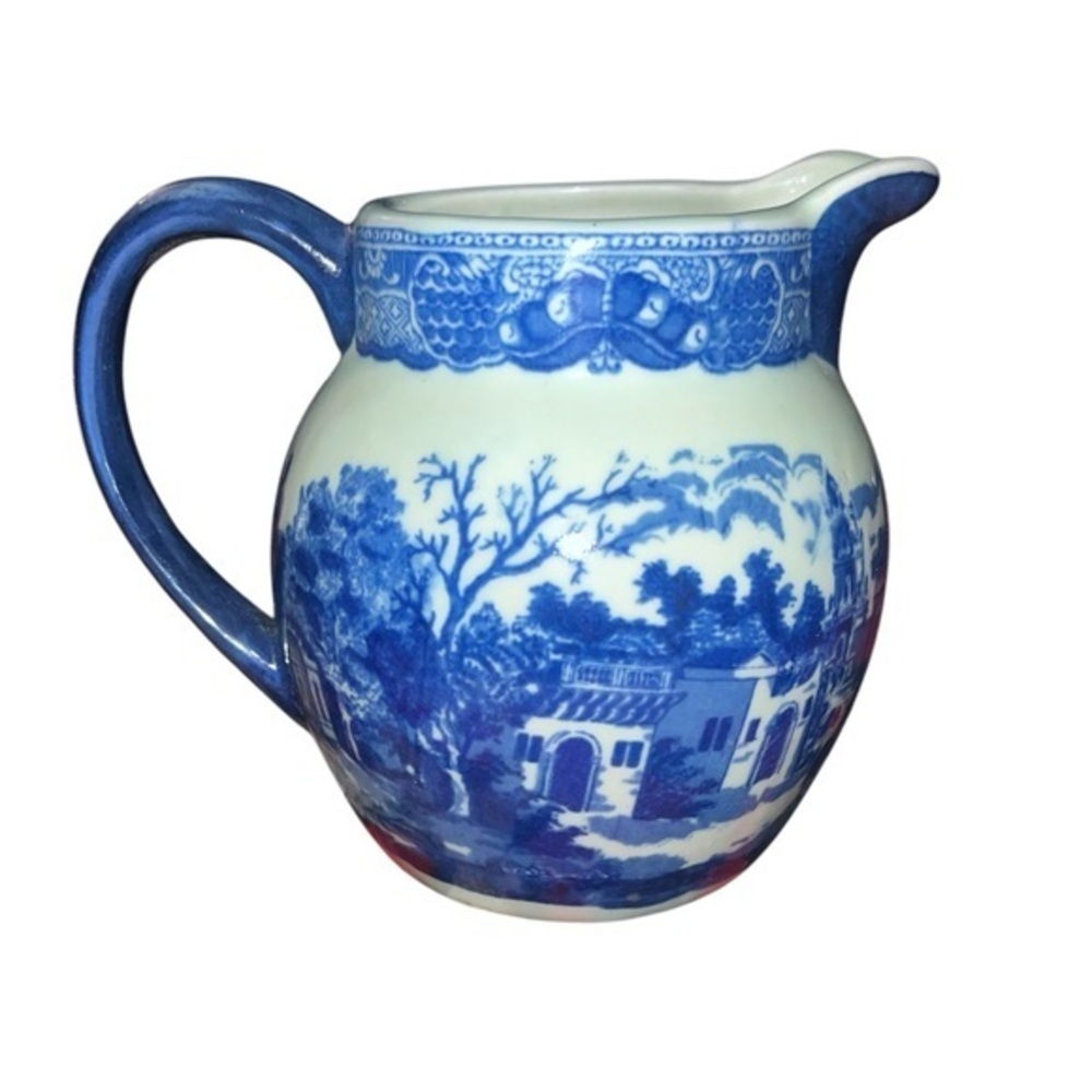 Vintage Victoria Ware Ironstone English Blue & White Pitcher 4.75” Scenic Design